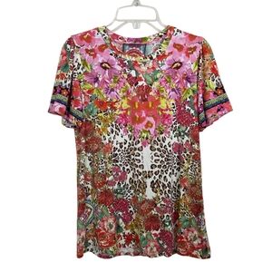 Johnny Was Wild Garden Short Sleeve Top Floral Animal Boho Comfy Size XS